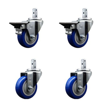 Service Caster 3.5'' Blue Polyurethane Wheel Swivel 3/4'' Square Stem Caster Set 2 Brake, 4PK SCC-SQ20S3514-PPUB-BLUE-PLB-34-2-S-2